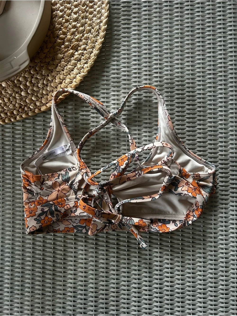 Floral Tie-Front Bikini Top — Orange & White